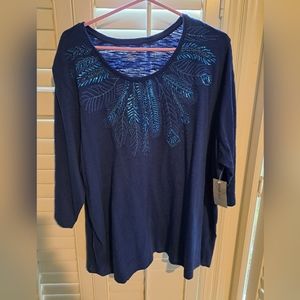 Catherine's 2x blue shirt with sequined feather neckline nwt